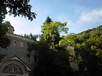 Rila Monastery, windows, , angel, church, ikon, trees, wall, , ikons, beautiful, tree, mountain, green, view, nature, sky, forest, monstery HD wallpaper