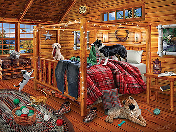 Cabin Mischief, ats, dogs, window, bed, funny HD wallpaper