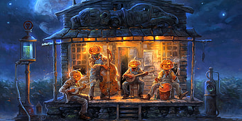Halloween Blues, pumpkins, showroom, band, instruments HD wallpaper