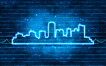 Phoenix blue neon silhouette, , blue neon lights, Phoenix skyline silhouette, violet brickwall, american cities, neon skyline silhouettes, USA, Phoenix silhouette, Phoenix HD wallpaper