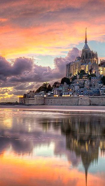Mont Saint Michel, Urban architecture, Cityscape charm, Skyline HD phone wallpaper