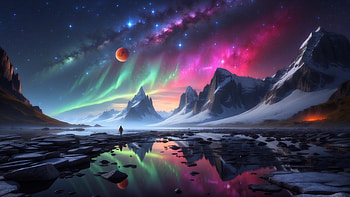 Northern Lights and Planets in Space, Northern Lights, planet, space, mountain, snow, Snowy Mountain HD wallpaper