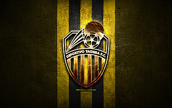 Deportivo Tachira FC, golden logo, La Liga FutVe, yellow metal background, football, Venezuelan football club, Deportivo Tachira logo, soccer, Venezuelan Primera Division, Deportivo Tachira HD wallpaper