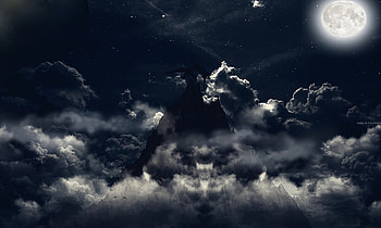 Dragon's Lair, night, planets, art, fullmoon, stars, twilight, digitalert, moon, dragon, clouds, sky, mountains HD wallpaper