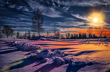 winter landscape, winter, houses, sunset, snow HD wallpaper