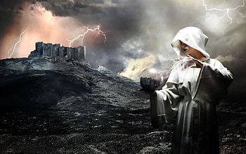 Witch Warrior, lightning, crystal, robe, fantasy, hood, castle, female, witch HD wallpaper