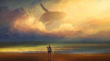 Waiting for the wave, yellow, wating, sky, wave, sunset, beach HD wallpaper
