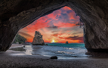 rock arch, coast, ocean, sunset, waves, rock, beautiful sunset, USA HD wallpaper