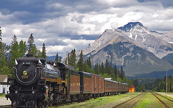 Train, locomotive, track, mountain HD wallpaper