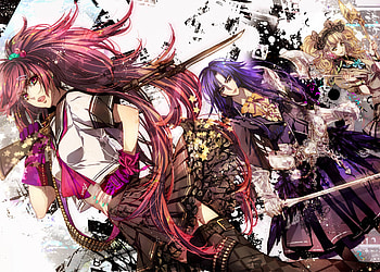 anime, purple hair, weapon, girls, pink eyes, pink hair, long hair, dress, yelow hair HD wallpaper