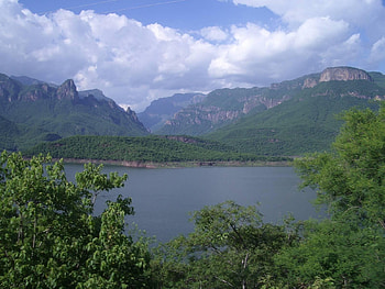 Mountain, trees, sky, nature, water HD wallpaper