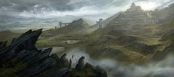 rain town castle lightning river traveler staff rock hills dragon age mabari statue HD wallpaper