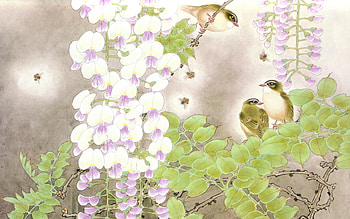 Wrens In Bleeding Heaart Forest, purple, wisteria, birds, abstract, green, other, wrens HD wallpaper