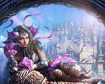 Ejirim, purple, pink, kyu yong eom, art, fantasy, luminos, girl HD wallpaper