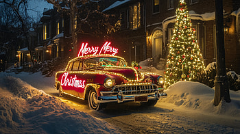 Merry Christmas Classic Car in winter Town, Merry Christmas, christmas tree, christmas town, car, Christmas Car HD wallpaper