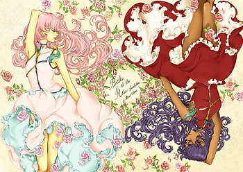 revolutionary girl utena, bed, flowers, 2girls, blue hair, pink hair, long hair, dress HD wallpaper