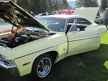 1961 Impala Hardtop Coupe 327, black, graphy, yellow, green, trees, grass, tires, Chevrolet HD wallpaper