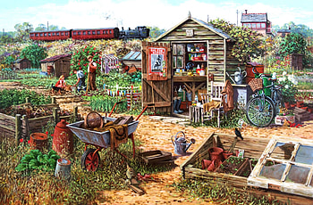 Grow Your Own, artwork, shed, bicycle, path, garden, train, people, cart HD wallpaper