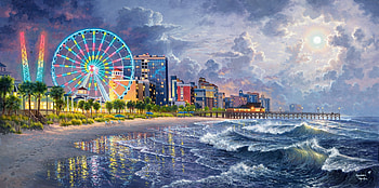 The Grand Strand, night, sea, abraham hunter, art, wheel, strand, park, summer, moon, painting, pictura, luna, luminos, water, vara HD wallpaper
