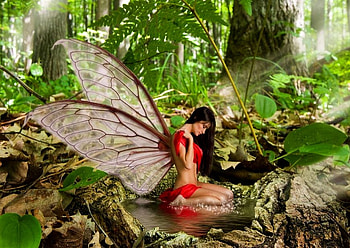 Fantastic forest fairy, fairy, fantasy, green, red, trees, forest HD wallpaper