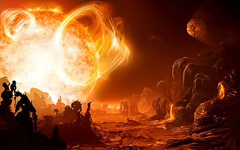 Sci fi science fiction alien landscape art artistic painting cg digital landscapes fire flames sun hot lava solar space planets bright color ... HD wallpaper