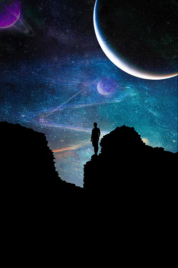 Universe, Rocks, Dark, Silhouette, Starry Sky HD phone wallpaper