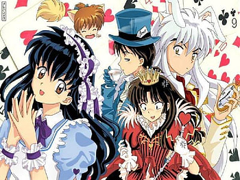 Kagome In Wonderland, dogears, pocketwatch, rabbitears, tea, inuyasha, sango, shippo, miroku, bluedress, kagome, queen HD wallpaper
