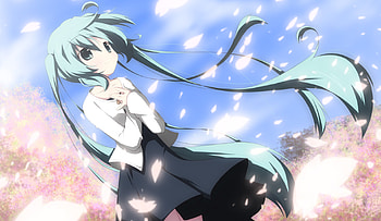 Hatsune Miku, glow, awesome, sakura petals, nice, petals, hatsune, hope, aqua eyes, white, twintail, girl, singer, aqua, anime girl, anime, pretty, light, virtual, dream, blue, black, song, cute, vocaloid, dress, beauty, black dress, miku, music, vocaloids, thighhighs, program, sakura trees, outift, beautiful, diva, pink, aqua hair, sakura, cool, clouds, sky, flowers, idol HD wallpaper