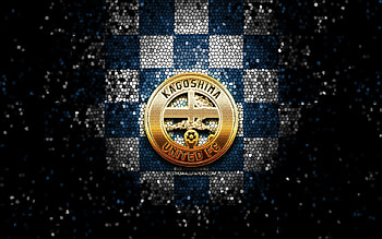 Kagoshima United FC, glitter logo, J3 League, blue white checkered background, soccer, japanese football club, Kagoshima United logo, mosaic art, football, Kagoshima United HD wallpaper
