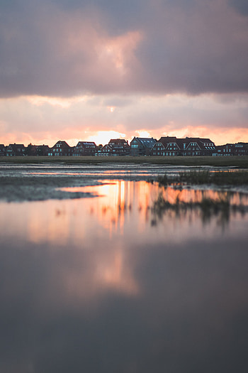 Nature, Houses, Rivers, Sunset, Clouds, Germany, Yust, Just HD phone wallpaper