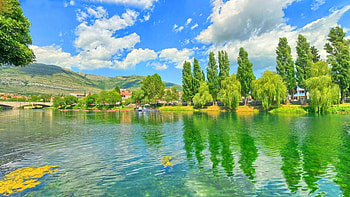 Tranquility, river, hills, town, beautiful, green, bridge, clouds, trees, water HD wallpaper