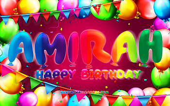 Happy Birtay Amirah, , colorful balloon frame, Amirah name, purple background, Amirah Happy Birtay, Amirah Birtay, popular american female names, Birtay concept, Amirah HD wallpaper