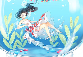 ~Life In A Fishbowl~, colorful, girl, beautiful, black hair, long hair, dress, anime, bubbles, water, fishbowl HD wallpaper