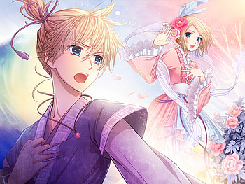 Kagemine Twins, chinese clothes, rin, cute, vocaloid, beauty, nice, twin, flower, crying, short hair, kagamine rin, blonde hair, male, duo, female, kagamine len, sexy, sweet, blue eyes, len, twins, hot, peony, girl, beautiful, petal, anime girl, boy, anime, pretty, traditional clothes HD wallpaper