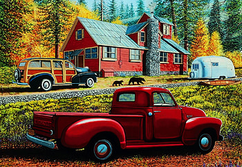 Autumn In Big Bear Forest, artwork, trees, house, car, painting HD wallpaper