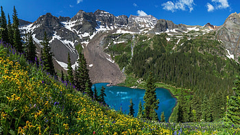 Lower Blue Lake, Colorado, landscape, trees, flowers, sky, mountains, rocks, usa HD wallpaper