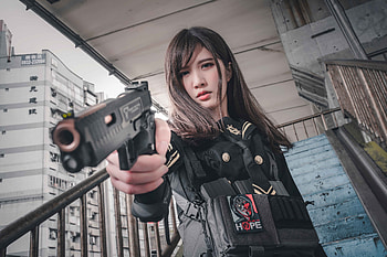 Rooftop Vigil — Asian Guardian with Gun, asian, woman, gun HD wallpaper