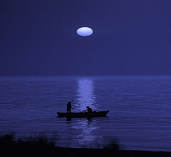 BIG MOON IN THE SKY, night, blue, canoe, moon, sky, ocean HD wallpaper