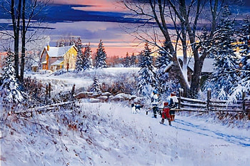 Winter walk, winter, peaceful, dusk, walk, serenity, nice, snowflakes, painting, cottages, snow, snowing, fence, trees, new year, sunset, path, house, eve, beautiful, cabin, family, christmas, noel, nature, sky, lovely, calmness, village HD wallpaper