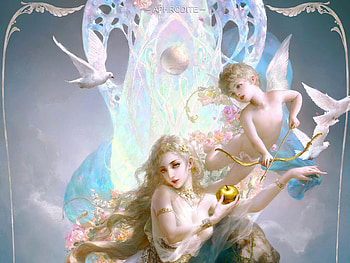 Aphrodite and Cupid, frumusete, art, gorgeous, girl, angel, lightwing academy, superb, starlab, aphrodite, venus, cupid, couple, golden apple HD wallpaper