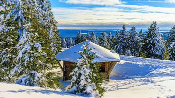 Gazebo in Winter Mountains, trees, landscape, sky, snow, clouds HD wallpaper