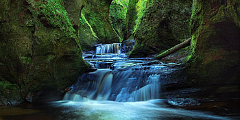 Flow, water current, waterfall, forest, nature, rocks HD wallpaper