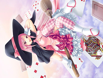 Karen the witch, sexy, white, hot, cute, broom, girl, anime girl, pink, cards, anime, fantasy, card, hat, female HD wallpaper