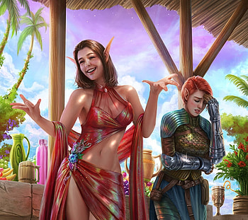 Fantasy girls, summer, fantasy, art, couple, girl, bar, elf, jackson tjota HD wallpaper