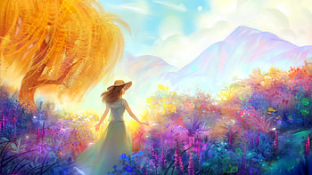 Summer, blue, colorful, frumusete, art, gorgeous, girl, superb, pink, fantasy, yellow, luminos, maria poliakova, vara, hat HD wallpaper