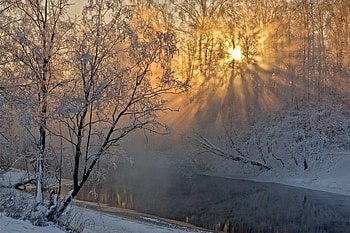 Winter, river, snow, landscape, trees, sun, sunset HD wallpaper