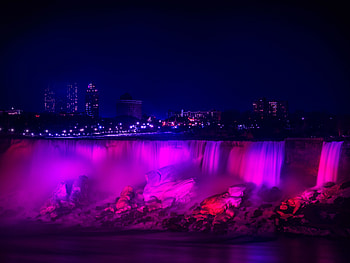 Cities, Stones, Architecture, Building, Waterfall, Night City, Backlight, Illumination HD wallpaper
