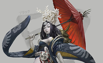 Girl, umbrella, burlesque, asian, dancer, art, parasol, yu ing, fish man, fantasy, red, luminos HD wallpaper