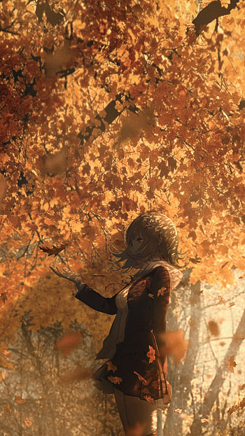 Anime girl short hair, Autumn, Depth of field HD phone wallpaper