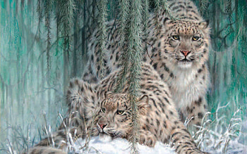 Ghosts In The Moonlight, blue, winter, animal, art, leopard, painting, Larry Fanning, couple HD wallpaper